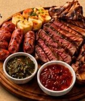 Tábua com picanha, linguiças, queijo coalho e molhos